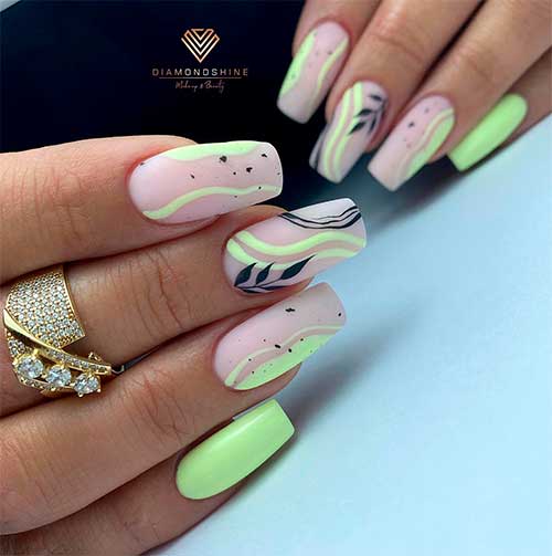 Mint Swirl Nails Medium Mint Swirl Nails with Black Speckles, Swirls, and Leaf Nail Art for Summer 2022