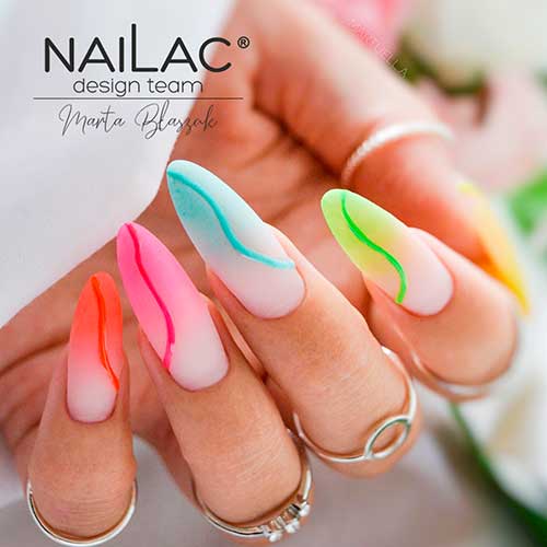Long Almond Shaped Multi-Color Neon Ombre Swirl Nails 2022 for Summertime