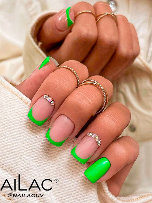Neon Green French Tip Nails with Rhinestones for Summer 2022
