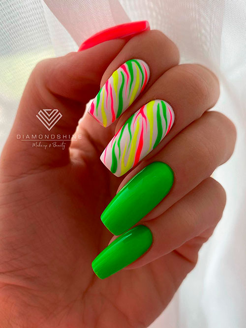 Long Square Neon Green Nails with Neon Colorful Zebra Prints on Two Accent, Plus Neon Orange Thumb Fingernail