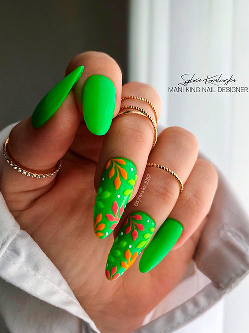 Neon Green Nails with Leaf Nail Art Long Almond Neon Green Nails with Neon Colorful Leaf Nail Art on Two Accents for Summer 2022