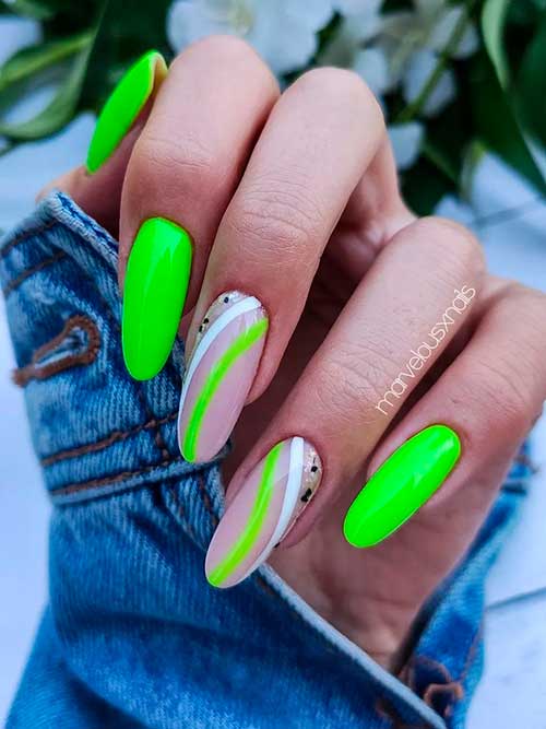 Long Round Neon Green Nails with Two Swirl Accents for Summertime