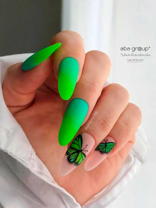 Long Almond Ombre Neon Green Nails with Butterflies on Two Nude Accents for Summer 2022