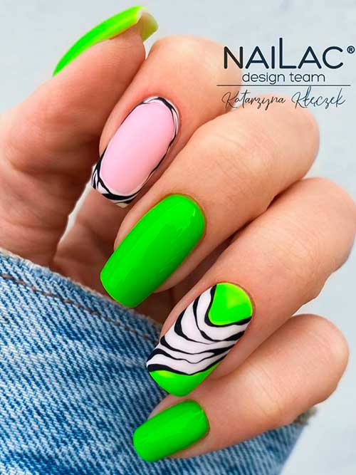 Neon Green with Zebra Prints Nail Art Design Long Square Neon Green Nails with Zebra Prints Nail Art for Summer 2022