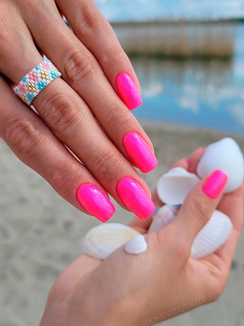 Short Square Neon Magenta Pink Nails with Glitter for Summer 2022