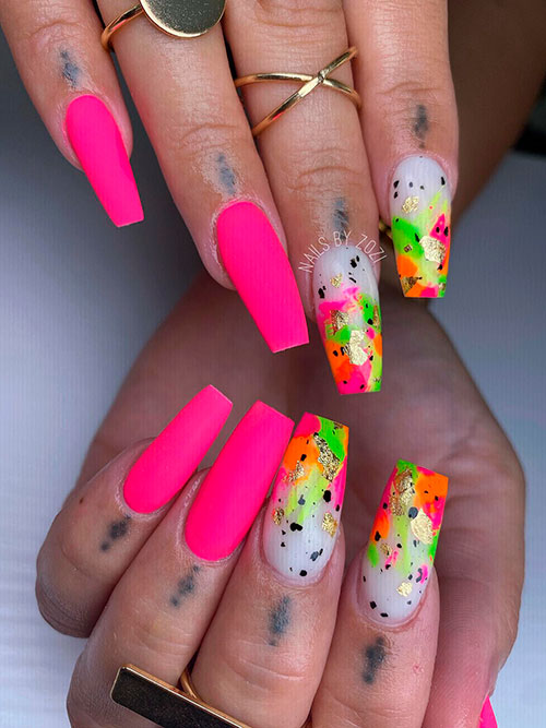 Long Coffin Neon Pink Nails with Two Colorful Abstract Nails on White Base Color for Summer 2022