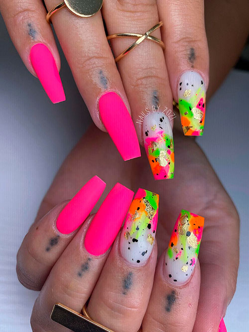 Neon Pink Nails with Colorful Abstract Nails Long Coffin Neon Pink Nails with Two Colorful Abstract Nails on White Base Color for Summer 2022