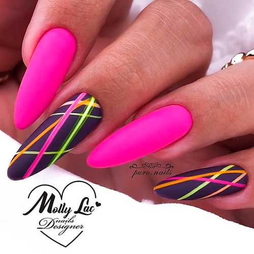 Long Almond Neon Pink Nails with Neon Lines on Two Black Accents