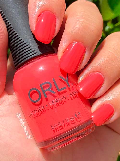 Short Bright Coral Pink Nails Using Orly Connect the Dots Nail Polish