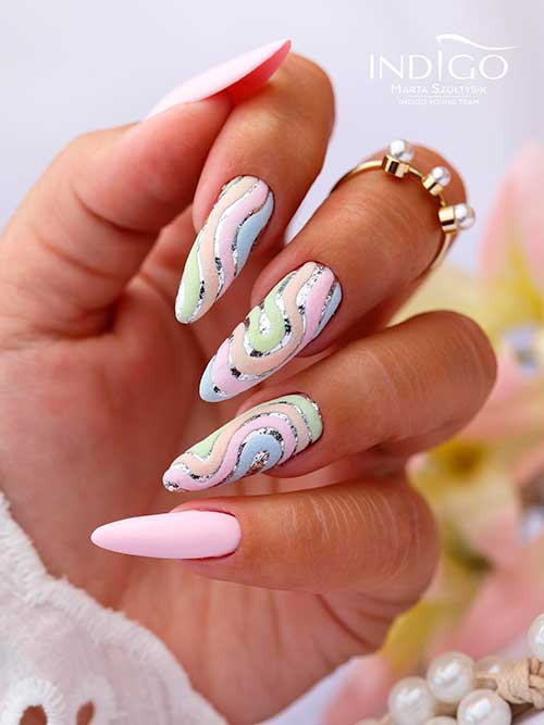 Long Almond Shaped Matte Pastel Swirl Nails on Silver Glitter Base Color with Two Pastel Pink Nails