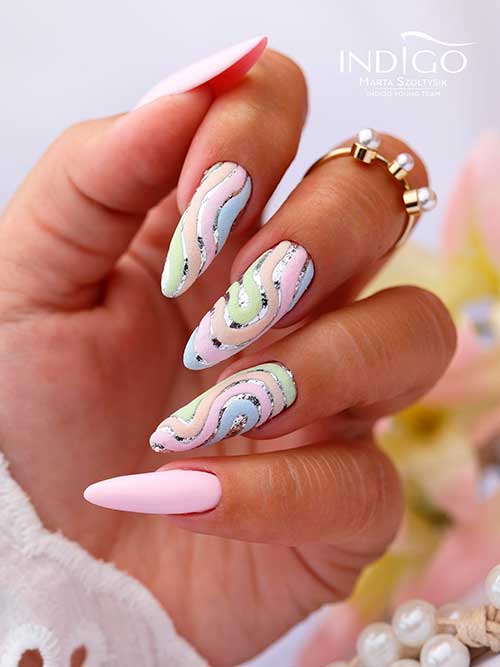 Pastel Swirl Nails Long Almond Shaped Matte Pastel Swirl Nails on Silver Glitter Base Color with Two Pastel Pink Nails