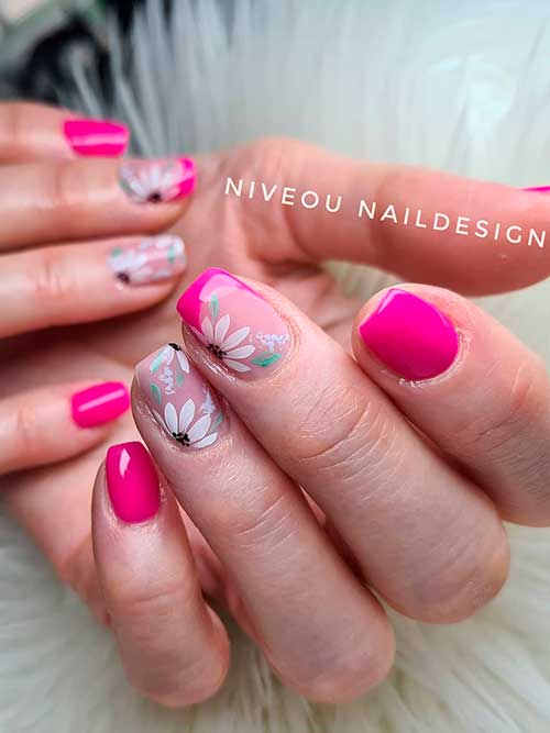 Short Square Pink Neon Nails with Flowers on Two Accents for Summer 2022