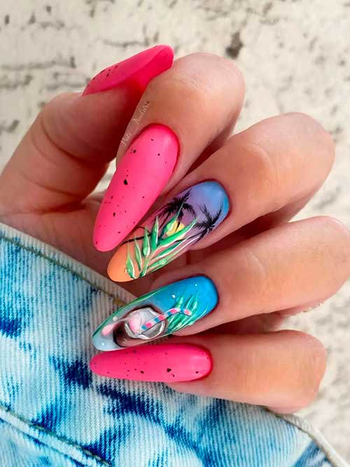 Long Almond Pink Neon Nails with Summer Themed Nail Art on Two Accents