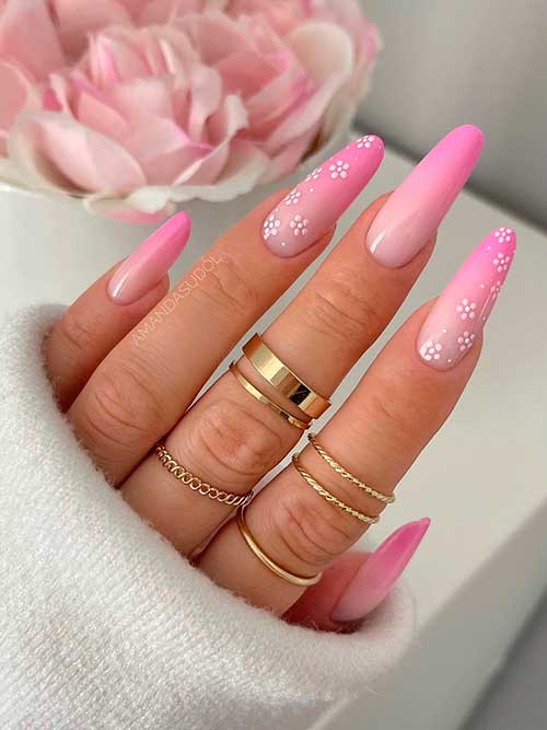 Long Pink Ombre Nail Design with White Blooms for Spring and Summer 2022
