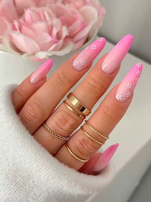 Pink Ombre Nail Design with Blooms Long Pink Ombre Nail Design with White Blooms for Spring and Summer 2022