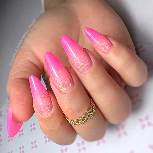 Long Almond Pink Ombre Nails with Encapsulated Glitter for Summer 2022