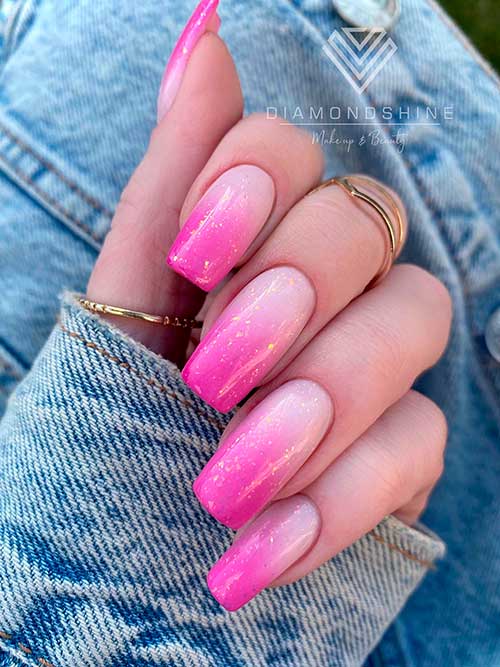 Long Square Pink Ombre Nails with Glitter for Summertime