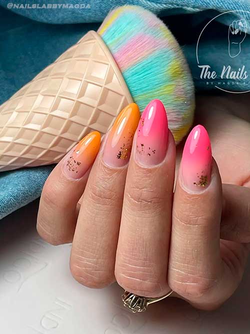 Long Almond Pink and Mustard Yellow Ombre Nails with Glitter Touches for Summer 2022