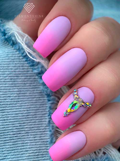 Matte Pink and Purple Ombre Nails Long Square Matte Pink and Purple Ombre Nails with Rhinestones on Accent Nail for Summer 2022
