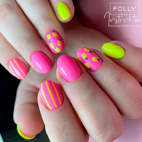 Pink with Neon Yellow Nails Short Pink with Neon Yellow Nail Design That Suits Summertime