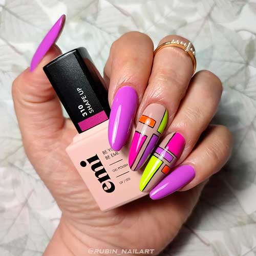 Long Purple Nails with Colorful Geometric Blocks on Nude Base Color for Summer 2022
