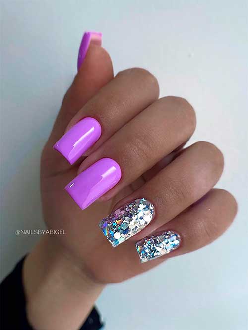 Long Square Glossy Purple Nails with Silver Glitter Accents for Summer 2022