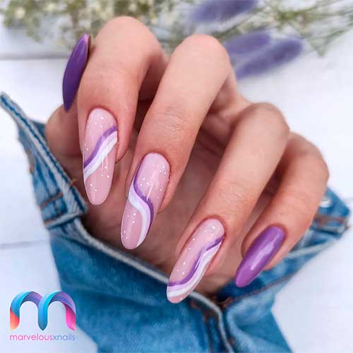 Purple Swirl Nails Long Round Shaped Purple Swirl Nails with White Speckles and Two Purple Accents for Summer 2022