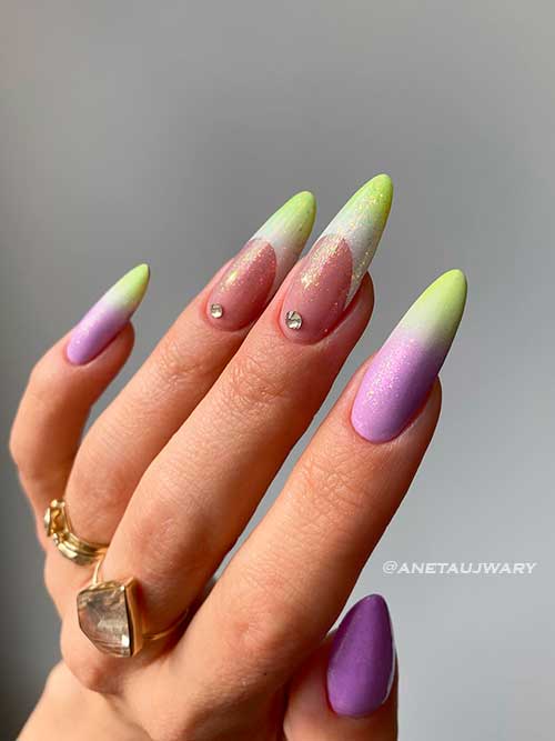 Long Almond Shaped Purple, White, and Lime Ombre Nails for Summer 2022