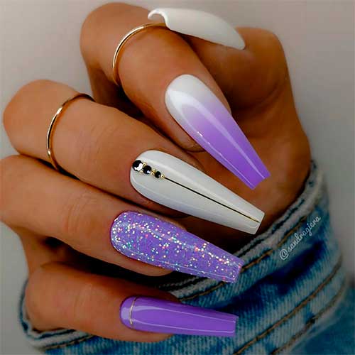 Purple and White Nails with Glitter and Ombre Accents and Adorned with Rhinestones