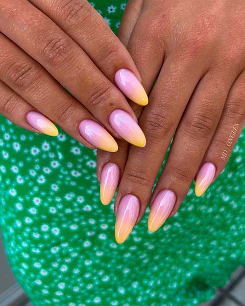Purple and Yellow Ombre Nails Long Almond Shaped Purple and Yellow Ombre Nails for Summertime