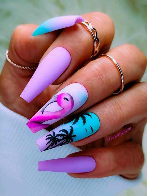 Long Coffin Matte Purple Summer Themed Nails with Two Blue Purple Ombre Nails, Plus Palm and Swan Nails