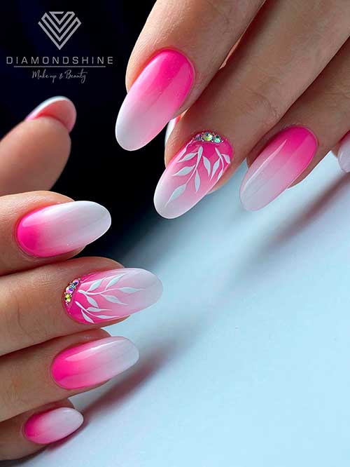 Round Hot Pink Ombre Nails with Leaf Nail Art On Accent That Adorned with Rhinestones for Summer 2022