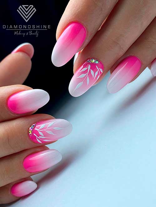 Hot Pink Ombre Nails with Leaf Nail Art Round Hot Pink Ombre Nails with Leaf Nail Art On Accent That Adorned with Rhinestones for Summer 2022