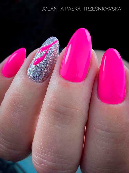 Round Neon Pink Nails with Accent Silver Glitter with Neon Pink Touches for Summer 2022