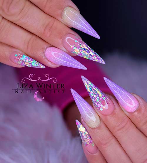 Shimmer Stiletto Purple Ombre Nails with Glitter