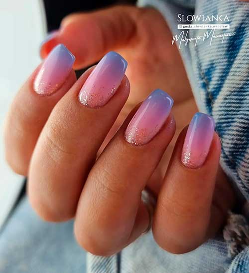 Short Square Shaped Blue Ombre Nails with Glitter