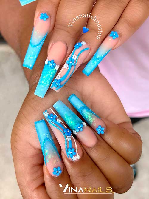 Long Spring and Summer Blue Ombre Nails with 3D Flowers and Encapsulated Glitter