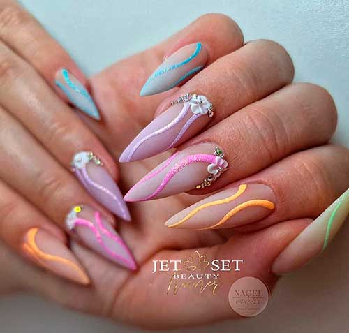 Long Stiletto Multicolored Swirl Nails with Rhinestones and 3D Flowers for Summer 2022