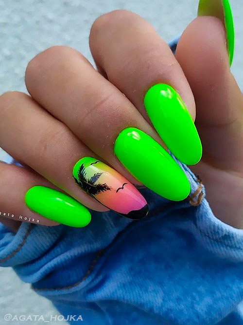 Summer Vibe Neon Green Nails 2022 with Palm Accent