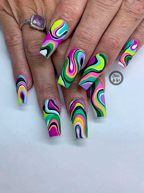 Long Coffin Shaped Multicolored Summer Swirl Nails 2022