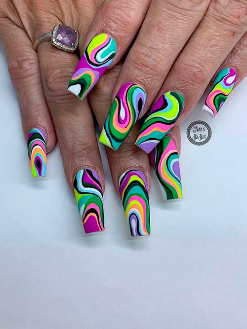 Summer Swirl Nails Long Coffin Shaped Multicolored Summer Swirl Nails 2022