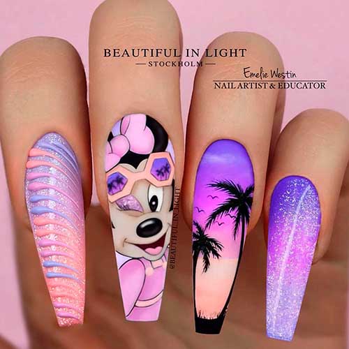 Long Coffin Tropical Summer Purple Ombre Nails 2022