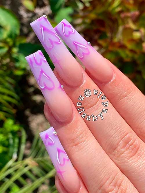 Valentine Purple Ombre Nails with Heart Shapes Long Square Shaped Valentine Purple Ombre Nails with Heart Shapes