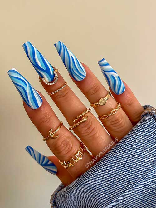 Long Coffin Shaped White and Blue Swirl Nails for Summer 2022