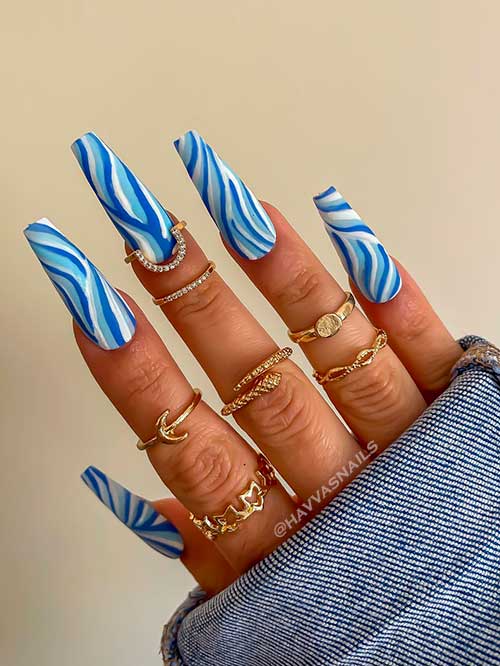 White and Blue Swirl Nails Long Coffin Shaped White and Blue Swirl Nails for Summer 2022