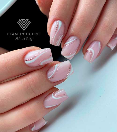 White and Gold Glitter Swirl Nail Design Medium Square Shaped White and Gold Glitter Swirl Nails 2022