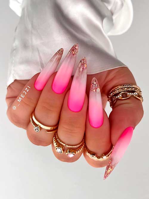 Hot Pink to Milky White Ombre Nails with Gold Glitter on Tips for Summer 2022