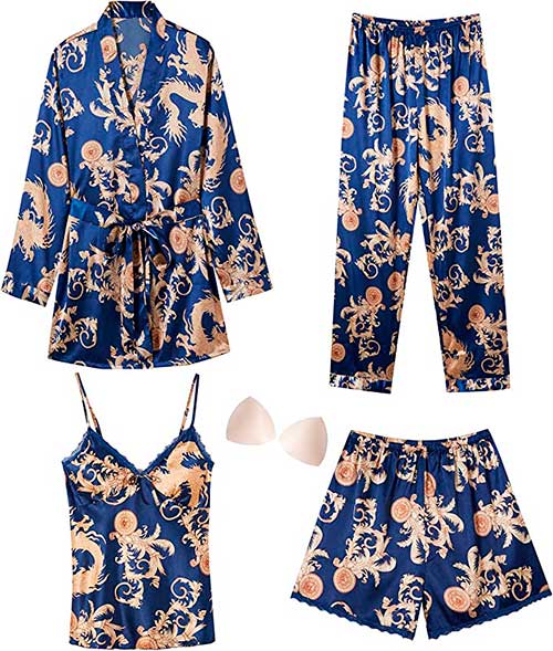 Arwser Blue Women's Silk Satin Pajamas Set 4 Pcs Sleepwear Cami Top Pjs with Shorts and Robe