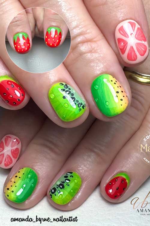 Colorful summer fruit nail design featuring strawberries, citrus slices, and kiwis in bright reds, greens, and yellows. Colorful summer fruit nail design featuring strawberries, citrus slices, and kiwis in bright reds, greens, and yellows.