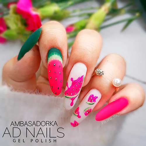 Long Round Shaped matte Cute watermelon fruit nails 2022 with watermelon slices on two accent nails